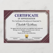 Carte D'accompagnement Certificate of Appreciation Professional Elegant (Devant)