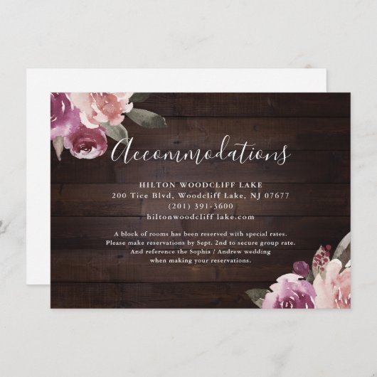 Carte D'accompagnement Chambres en bois rustique mauve fleuri (Devant / Derrière)