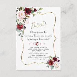 Carte D'accompagnement Charm Burgundy Blush Floral Gold Détails du Mariag