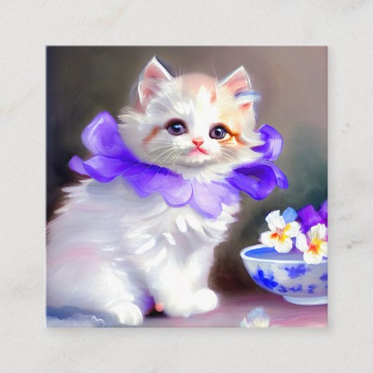 Carte D'accompagnement Chat blanc avec collier de fleurs violettes (Devant)