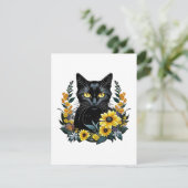 Carte D'accompagnement chat noir avec des fleurs (Debout devant)