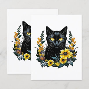 Carte D'accompagnement chat noir avec des fleurs