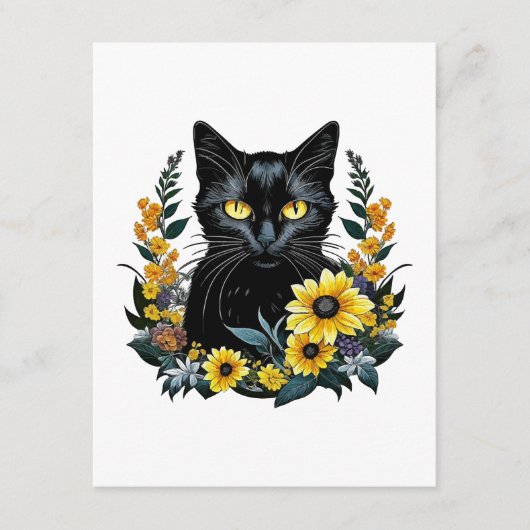 Carte D'accompagnement chat noir avec fleurs (Devant)
