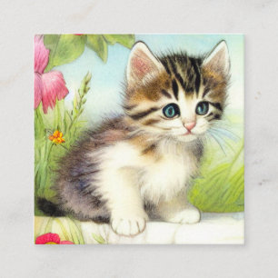 Carte D'accompagnement Chaton vintage blanc et marron avec des fleurs