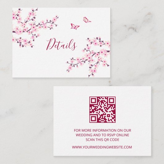 Carte D'accompagnement Cherry Blossom Pink White Wedding QR Code Details (Devant / Derrière)