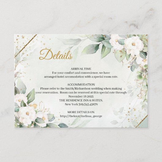 Carte D'accompagnement Chic aquarelle fleurs blanches eucalyptus or (Devant)