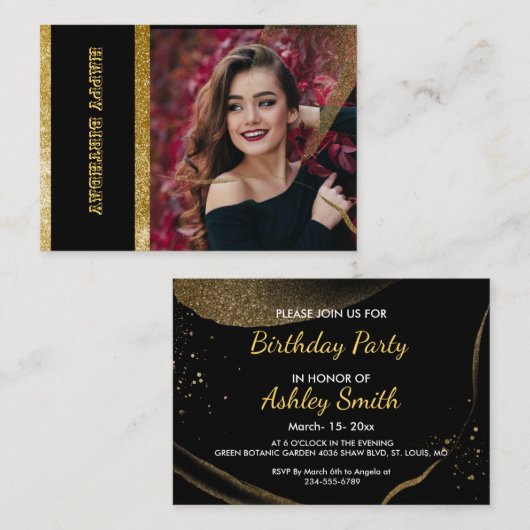 Carte D'accompagnement Chic Black & Gold fête d'anniversaire (Devant / Derrière)