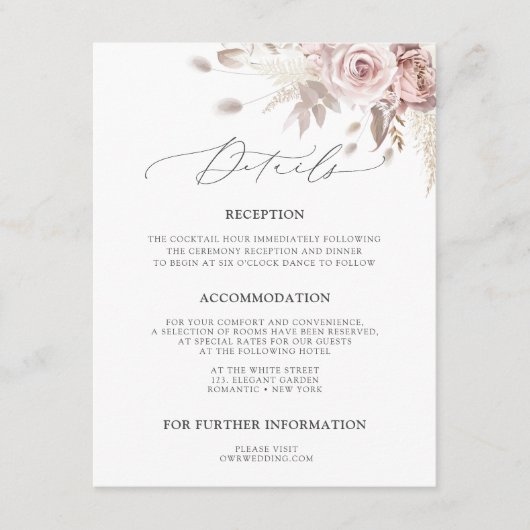 Carte D'accompagnement Chic Blush Rose Dusty Rose Floral Détails du Maria (Devant)