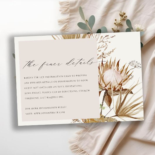 Carte D'accompagnement Chic Boho Protea Sec Palm Floral Détails du Mariag