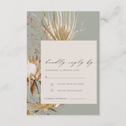 Carte D'accompagnement Chic Boho Protea Sec Palm Mariage Floral RSVP (Devant)