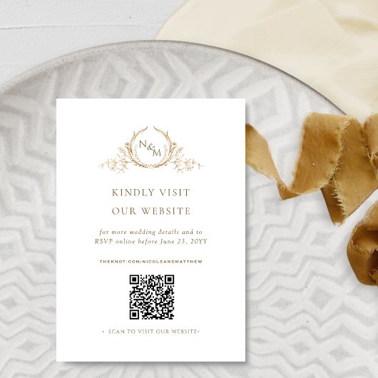 Carte D'accompagnement Chic Code QR Monogramme Blanc et Or / RSVP en lign