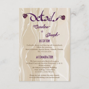 Carte D'accompagnement Chic Cream Soie & Violet Heart Gems Mariage Détail