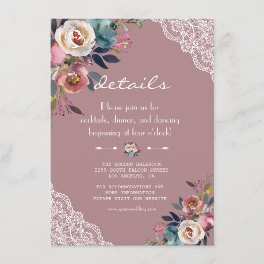 Carte D'accompagnement Chic Dusty Blue Dusty Rose Fleurs Détails Mariage (Devant)