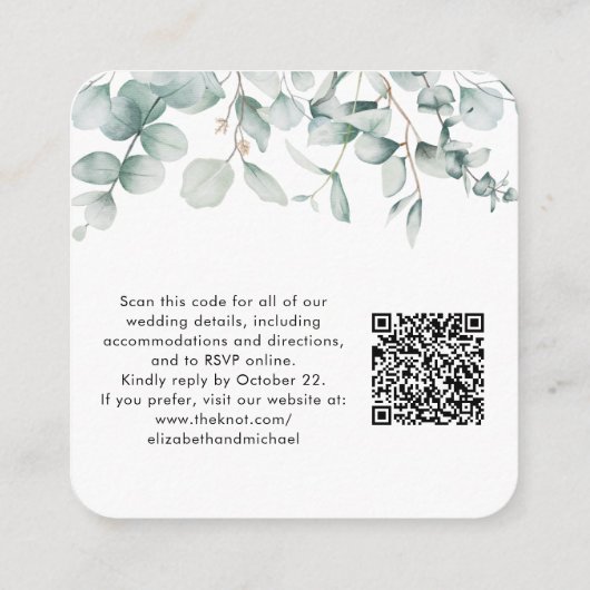 Carte D'accompagnement Chic Eucalyptus aquarelle QR Code Mariage site (Dos)