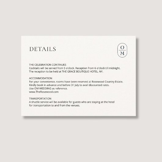 Carte D'accompagnement Chic Minimalist Monogram Wedding Details Enclosure