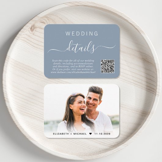 Carte D'accompagnement Chic Photo QR Code Dusty Blue Détails du Mariage