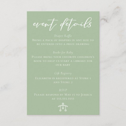 Carte D'accompagnement Chic Sage Green Baby Shower Event Details (Devant)