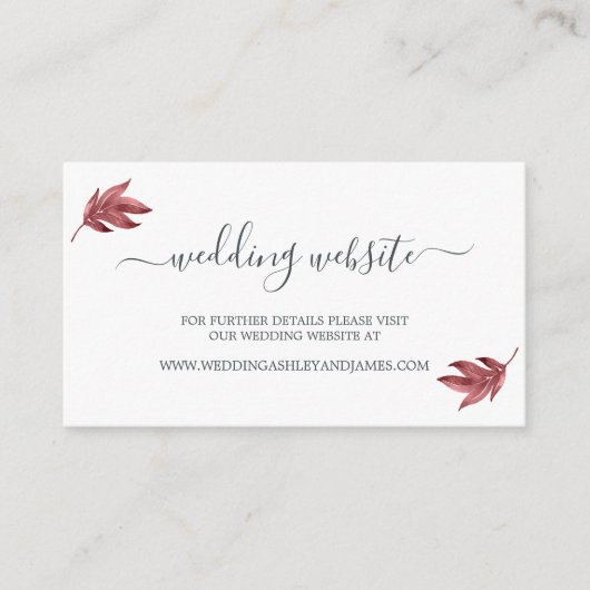 Carte D'accompagnement Chic Script Burgundy Leaf Mariage Website (Devant)