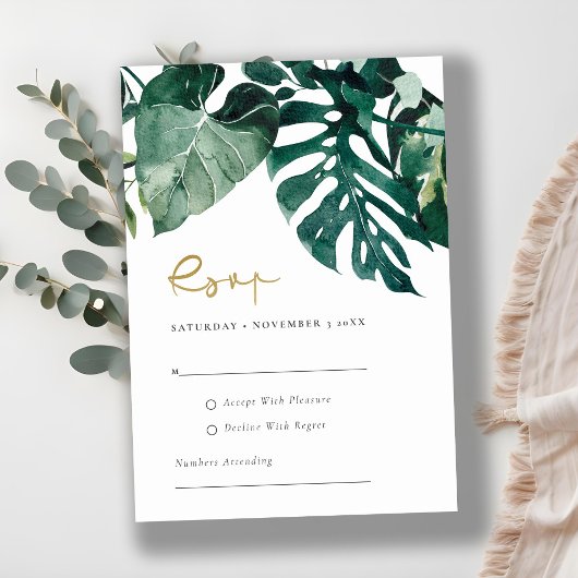 Carte D'accompagnement Chic Tropical Monstera Foliage Vert Mariage Rsvp