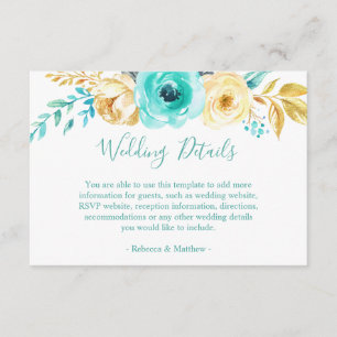 Carte D'accompagnement Chic Turquoise Gold Floral Mariage Détails Info
