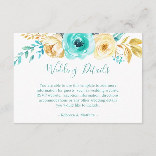 Carte D'accompagnement Chic Turquoise Gold Floral Mariage Détails Info (Devant)