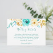 Carte D'accompagnement Chic Turquoise Gold Floral Mariage Détails Info (Debout devant)