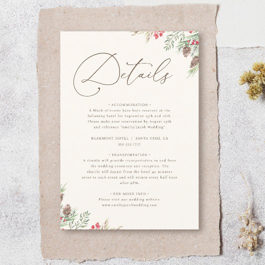 Carte D'accompagnement Chic Watercolor Winter Greenery Détails du Mariage
