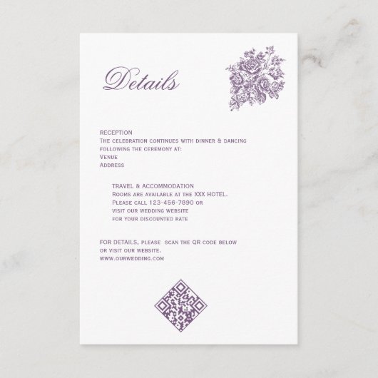 Carte D'accompagnement Chinoiserie Purple Rose Bouquet Mariage victorien (Devant)