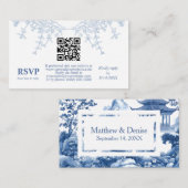 Carte D'accompagnement Chinoiserie Toile Bleue Elégant Mariage Pagode RSV (Devant / Derrière)