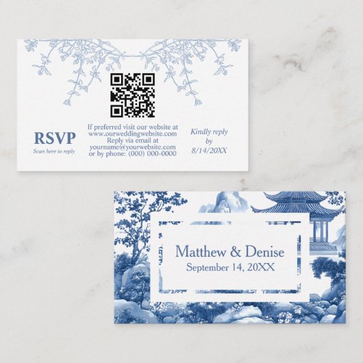 Carte D'accompagnement Chinoiserie Toile Bleue Elégant Mariage Pagode RSV (Devant / Derrière)