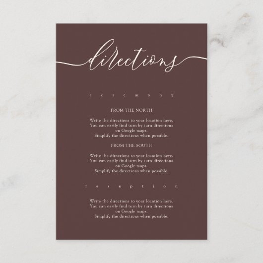 Carte D'accompagnement Chocolate Brown Simple Wedding Directions (Devant)