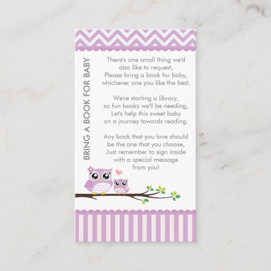 Carte D'accompagnement Chouette Baby shower pourpre Apporter un livre Dou (Devant)