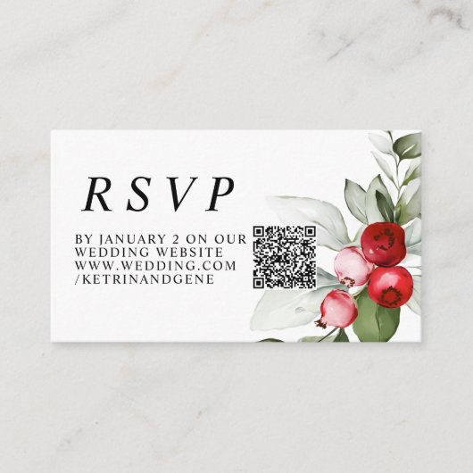 Carte D'accompagnement Christmas Greenery & Red Berries Mariage QR RSVP (Devant)
