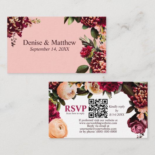Carte D'accompagnement Chrysanthème romantique Gossamer rose RSVP QR Code (Devant / Derrière)