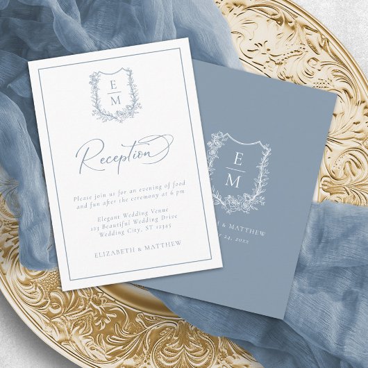 Carte D'accompagnement Cimier Floral Monogramme Dusty Blue Mariage Récept