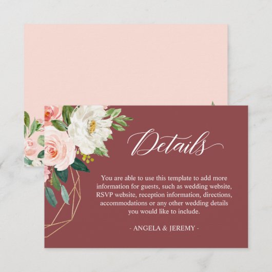 Carte D'accompagnement Cinnamon Blush White Floral Détails du Mariage (Devant / Derrière)