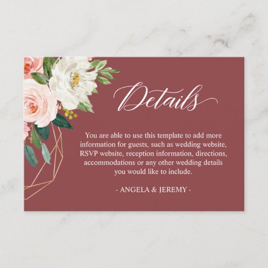 Carte D'accompagnement Cinnamon Blush White Floral Détails du Mariage (Devant)