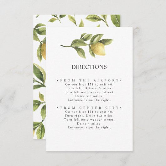 Carte D'accompagnement Citrons et feuilles | Itinéraire MARIAGE rustique  (Devant / Derrière)