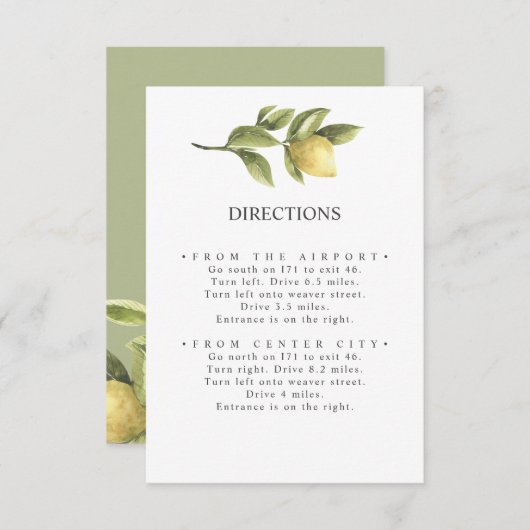 Carte D'accompagnement Citrons | Vert sage | Itinéraire MARIAGE chic (Devant / Derrière)