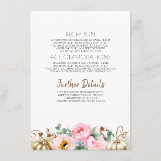 Carte D'accompagnement Citrouille or rose floral Vase Mariage Information (Devant)