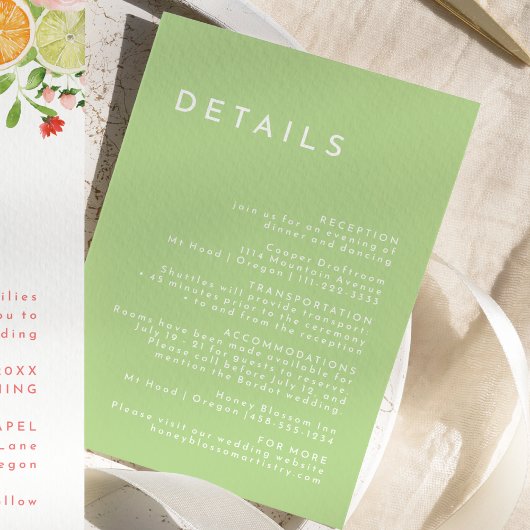 Carte D'accompagnement Citrus Minimalist Mariage vert simple Détails