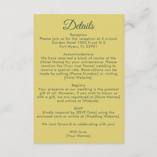 Carte D'accompagnement Citrus Yellow Olive Green and Ivory Wedding Detail (Devant)