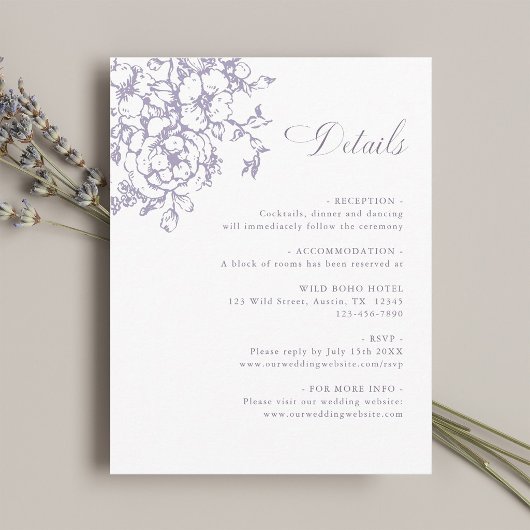 Carte D'accompagnement Classic Bloom Garden Lavender Wedding Details