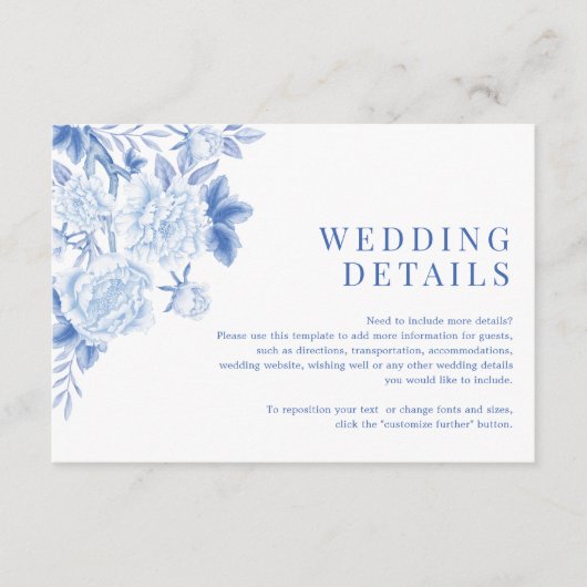 Carte D'accompagnement Classic Blue White Chinoiserie Détails Mariage (Devant)