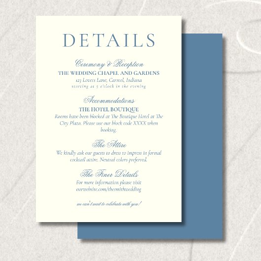 Carte D'accompagnement Classic Dusty Blue Minimalist Wedding Details