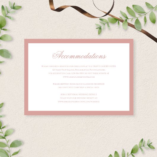 Carte D'accompagnement Classic Dusty Rose Script Wedding Accommodations