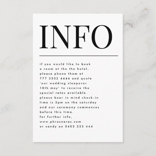 Carte D'accompagnement Classic Elegant Bold Gros détails du Mariage INFO (Devant)