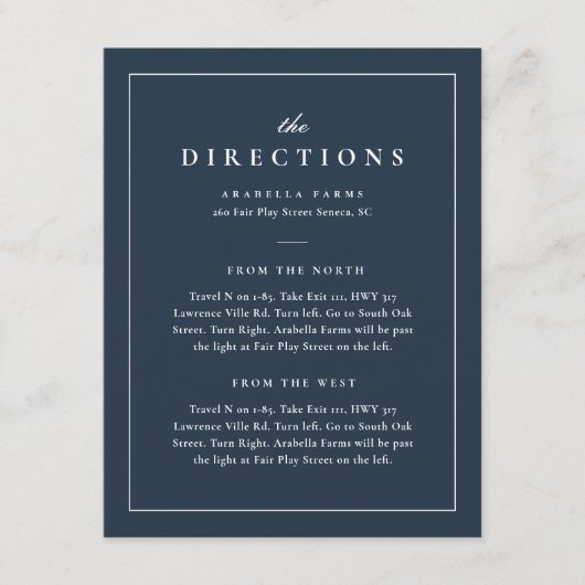 Carte D'accompagnement Classic Elegant Marine Blue Mariage Directions (Devant)