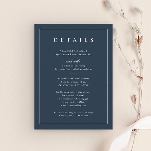Carte D'accompagnement Classic Elegant Navy Blue Détails du Mariage