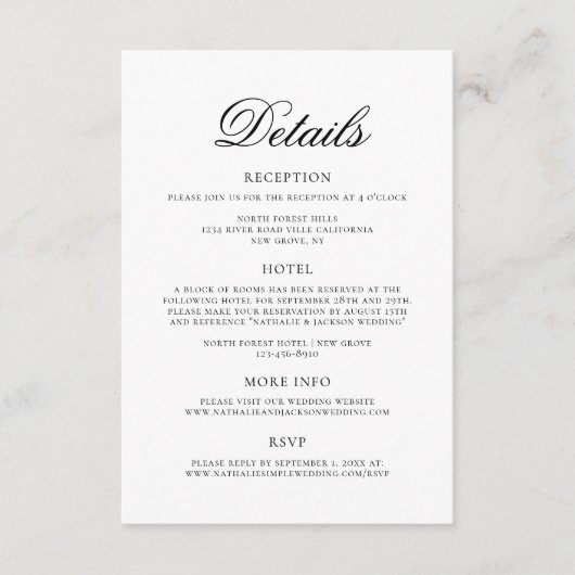 Carte D'accompagnement Classic Elegant Script Wedding Details (Devant)
